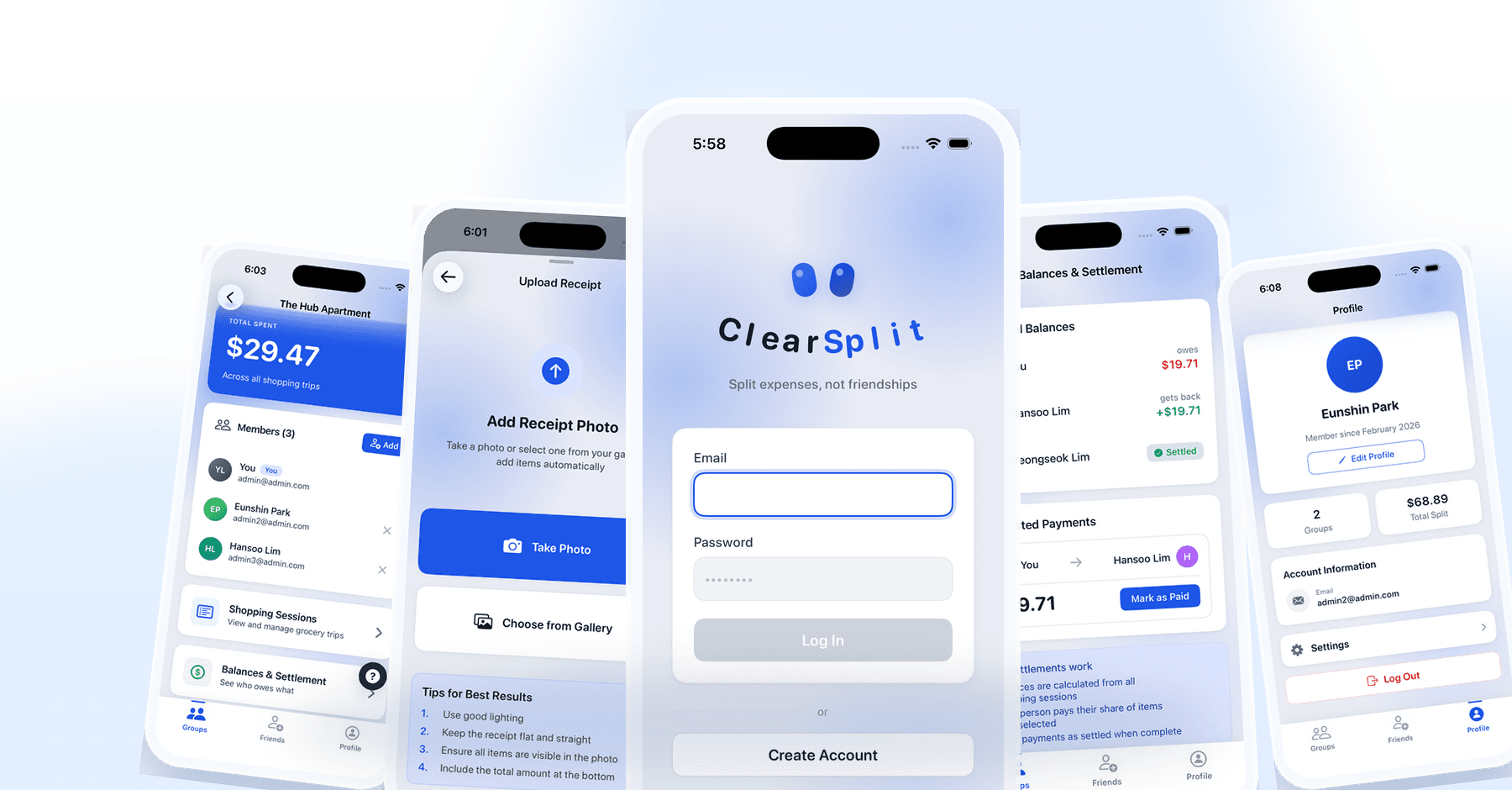 ClearSplit app screens preview